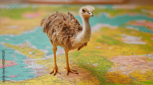 A brown ostrich stands on a colorful paper map of Australia.  The map shows green and yellow land, and is useful for teaching geography. photo