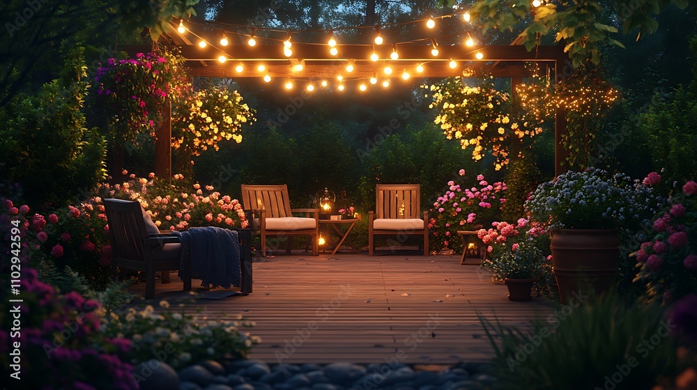 Obraz premium A tranquil garden patio at dusk, with wooden chairs layered with cozy blankets, string lights glowing softly, potted plants and colorful blooming flowers lining the edges,