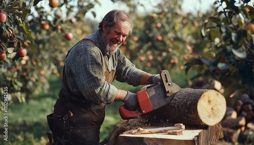 AI generated image of apple orchard,A Lumberjack saws a applewood logs. A carpenter is using a saw to cut down an apple tree. photo