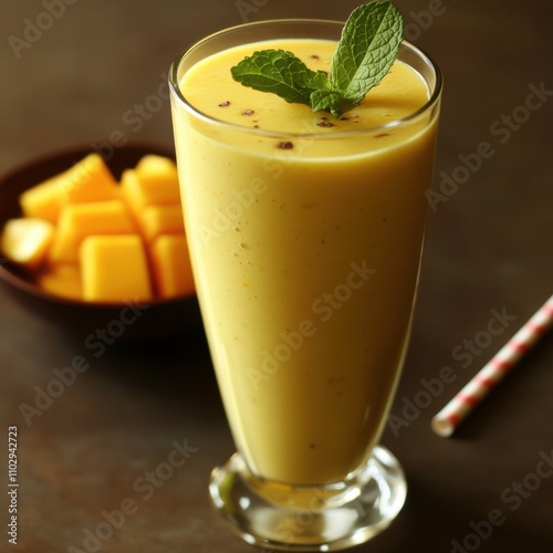 A refreshing glass of mango lassi with a mint sprig, served in a sleek glass, Mango lassi centered