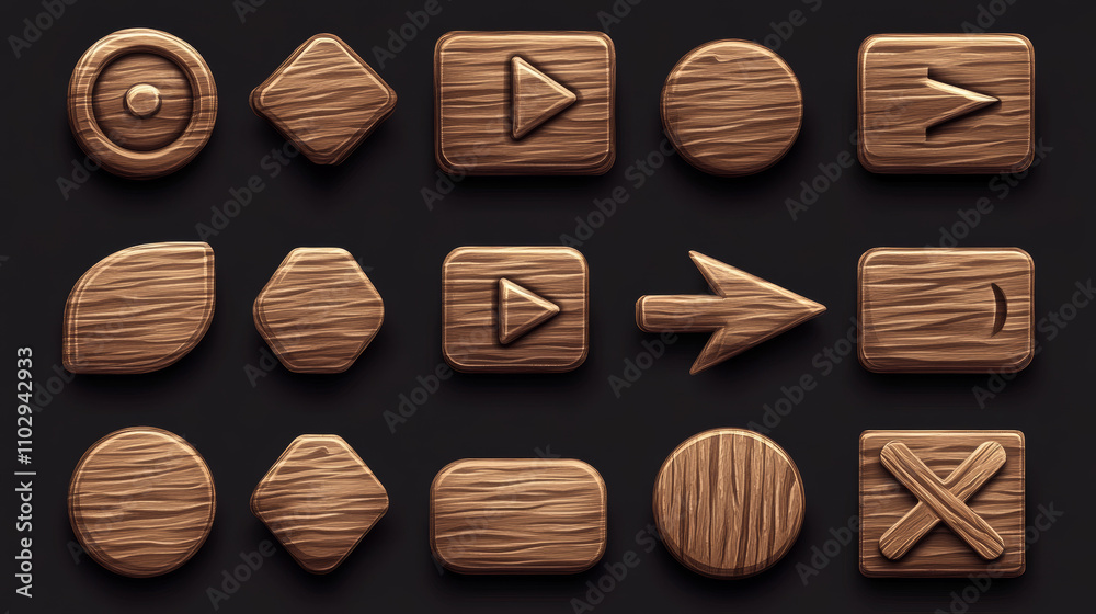 Wooden buttons and arrows for a game. These vector illustrations show play, stop, and pause symbols in various shapes (square, round, rectangular). Perfect for game design. Wooden buttons and arrows for a game. These vector illustrations show play, stop, and pause symbols in various shapes (square, round, rectangular). Perfect for game design.