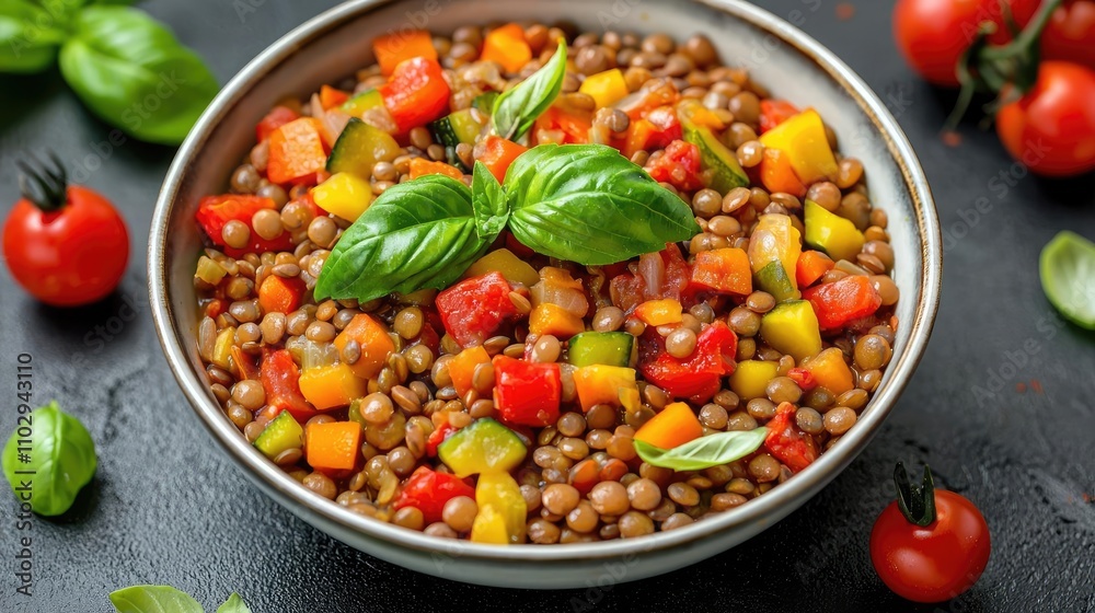 Colorful lentil salad with fresh vegetables and basil in a bowl. Colorful lentil salad with fresh vegetables and basil in a bowl.