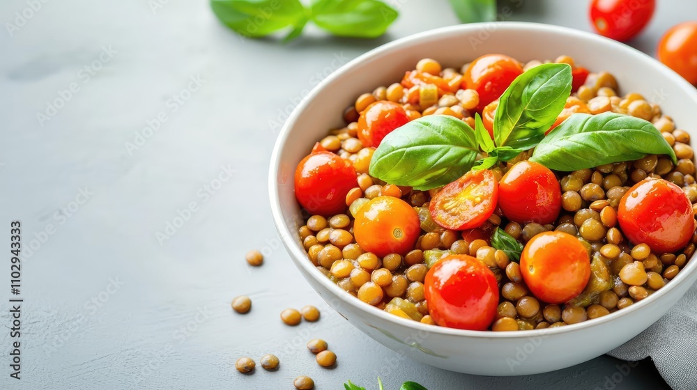 Bowl of lentils with cherry tomatoes and basil on a gray background. Bowl of lentils with cherry tomatoes and basil on a gray background.