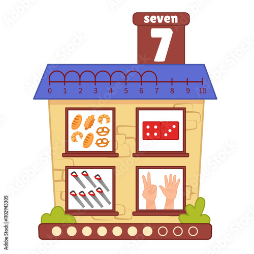 Counting educational children material. Cartoon house for teaching children ordinal numbers.

