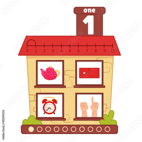 Counting educational children material. Cartoon house for teaching children ordinal numbers.
