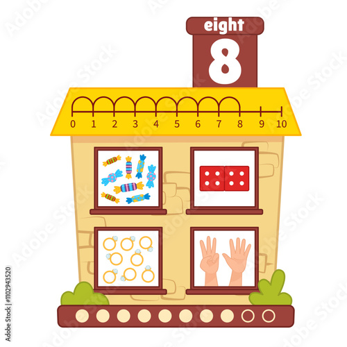 Counting educational children material. Cartoon house for teaching children ordinal numbers.
