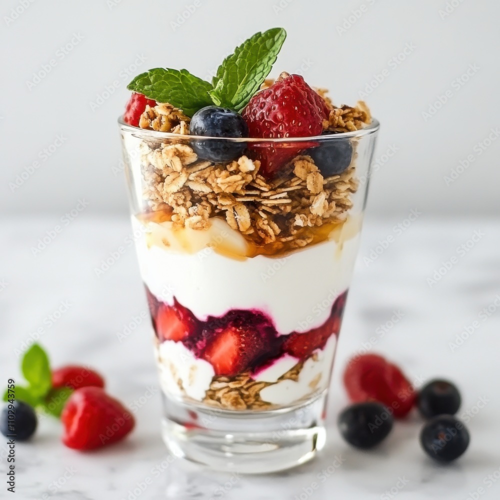 A refreshing Greek yogurt parfait with layers of granola, fresh strawberries, and honey A refreshing Greek yogurt parfait with layers of granola, fresh strawberries, and honey