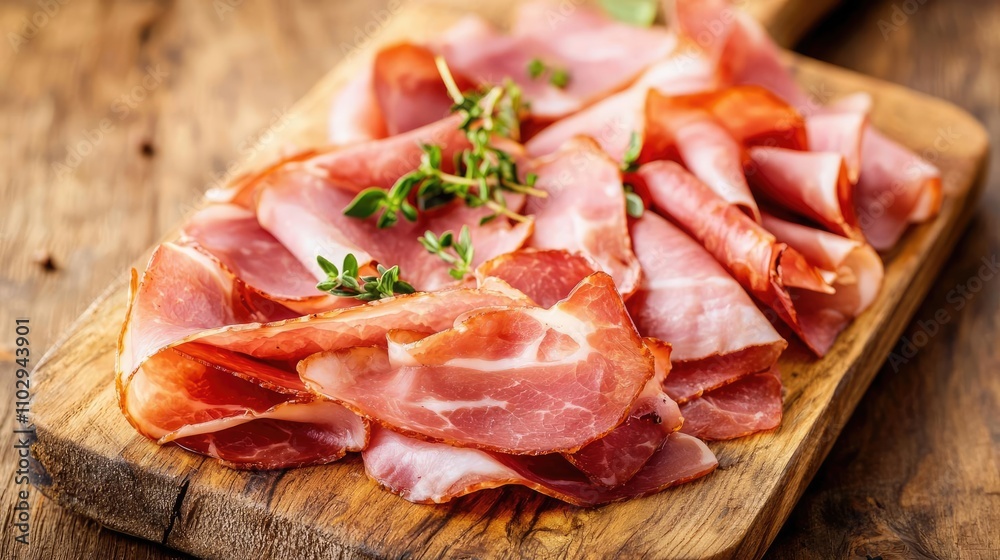 Sliced cured meat on a wooden board, garnished with fresh herbs. Sliced cured meat on a wooden board, garnished with fresh herbs.