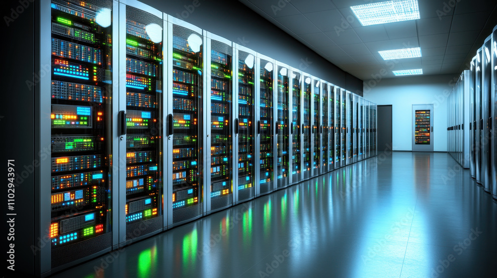 Database. A modern data center featuring rows of servers with illuminated panels, creating a high-tech atmosphere in a dimly lit environment. Database. A modern data center featuring rows of servers with illuminated panels, creating a high-tech atmosphere in a dimly lit environment.