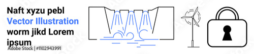 Hydroelectric dam releasing water, wind turbine for renewable energy generation, and a lock icon. Ideal for renewable energy, water resources, security, clean energy, eco-friendly technology