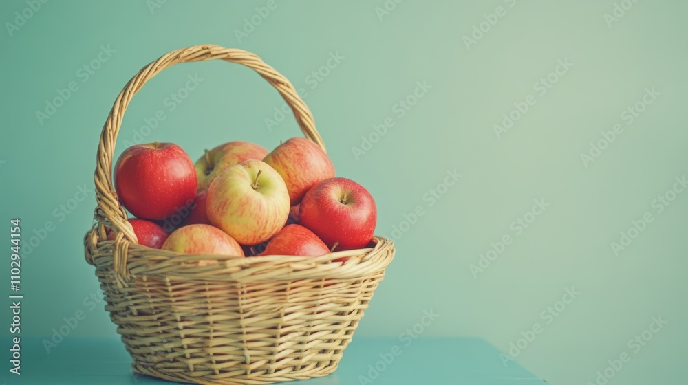A woven wicker basket filled with vibrant red apples on a soft teal studio backdrop, subtle lighting for a fresh and crisp aesthetic. A woven wicker basket filled with vibrant red apples on a soft teal studio backdrop, subtle lighting for a fresh and crisp aesthetic.