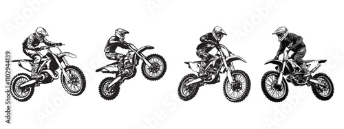 Set of hand drawn motor cross rider illustration. Vector graphic asset for streetwear design. Retro futuristic element in Y2K for apparel, clothing and poster design