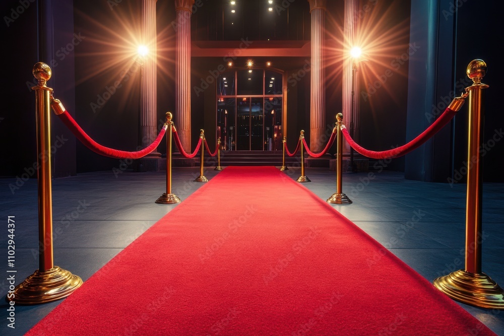 An elegant red carpet leading up to a grand theater entrance with ...