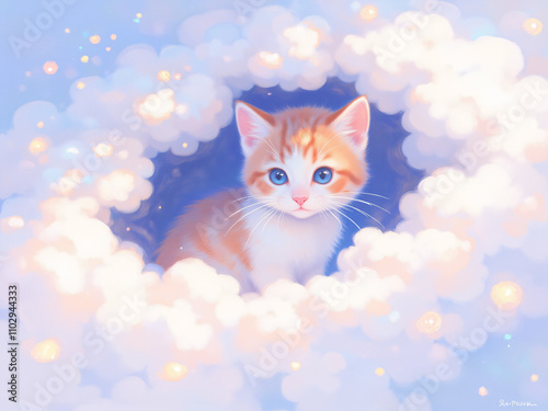 An illustration of a cute kitten peeking through fluffy clouds, featuring soft colors and a dreamy atmosphere that evokes a sense of wonder for illustration.