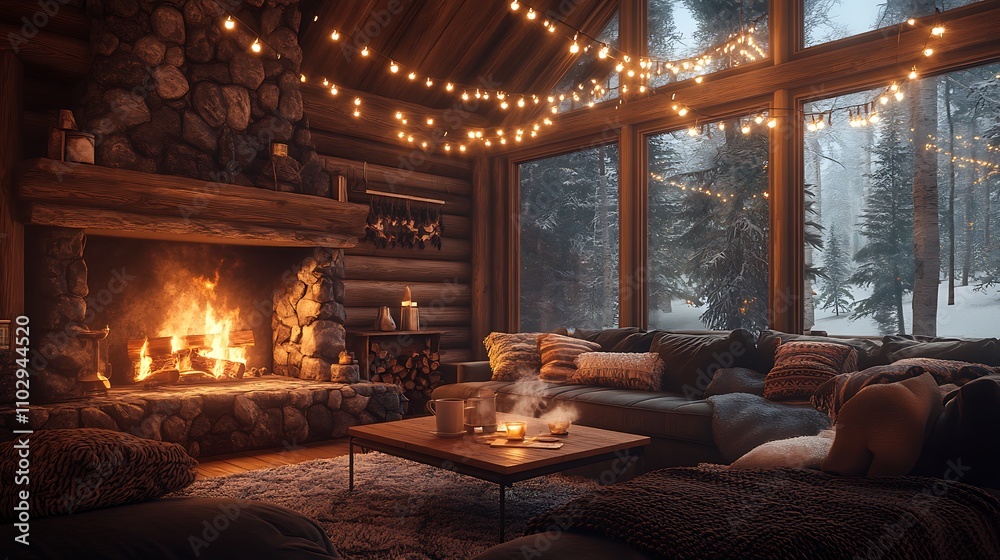 A warm cabin interior with a large stone fireplace, fluffy throws and cushions on a comfy couch, glowing string lights hanging above, and a coffee table with a steaming mug, hd quality,