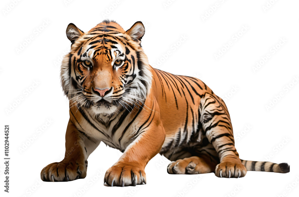 Naklejka premium A realistic depiction of a tiger in a seated position, showcasing its majestic features.