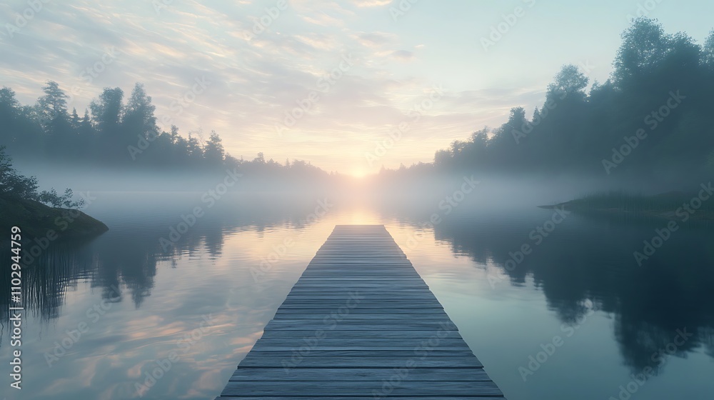 A wooden dock stretching over a calm, glassy lake, reflecting the surrounding forest and a soft pastel sunrise, gentle mist hovering above the water, serene and tranquil, hd quality, A wooden dock stretching over a calm, glassy lake, reflecting the surrounding forest and a soft pastel sunrise, gentle mist hovering above the water, serene and tranquil, hd quality,