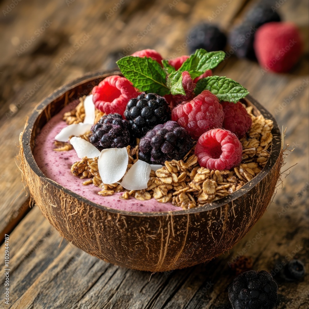 A refreshing smoothie bowl topped with fresh berries, granola, and coconut flakes A refreshing smoothie bowl topped with fresh berries, granola, and coconut flakes