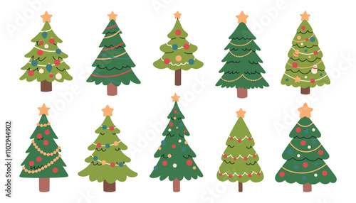 Simple Christmas tree set in cute flat cartoon style. Hand drawn New Year isolated fir trees with decoration, stars.