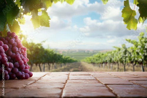 Ground level angle view, ceramic tile surface with blurred vineyard and grape clusters, showcasing a fresh grape juice, ad promo template, juice branding, vineyard decor photo