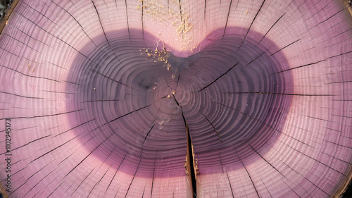 Close-up of Purpleheart tree cut surface showcasing vibrant purple heartwood rings, natural cracks, and greenery, perfect for woodworking, decor, and natural material inspirations. 