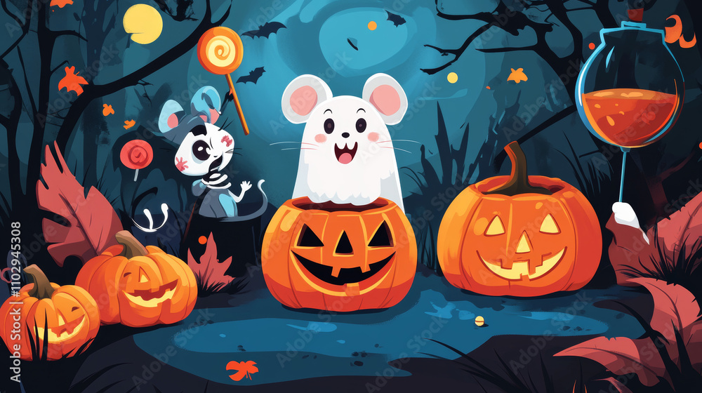 A cute Halloween scene: a zombie mouse gobbles brains, a dinosaur is a ghost, a pumpkin is carved, and there's a crystal ball, lollipop, spider, and bubbling cauldron. A cute Halloween scene: a zombie mouse gobbles brains, a dinosaur is a ghost, a pumpkin is carved, and there's a crystal ball, lollipop, spider, and bubbling cauldron.