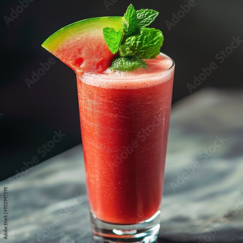 A refreshing watermelon smoothie with a frothy texture and a slice of watermelon garnish, served in a clear glass, Watermelon smoothie centered