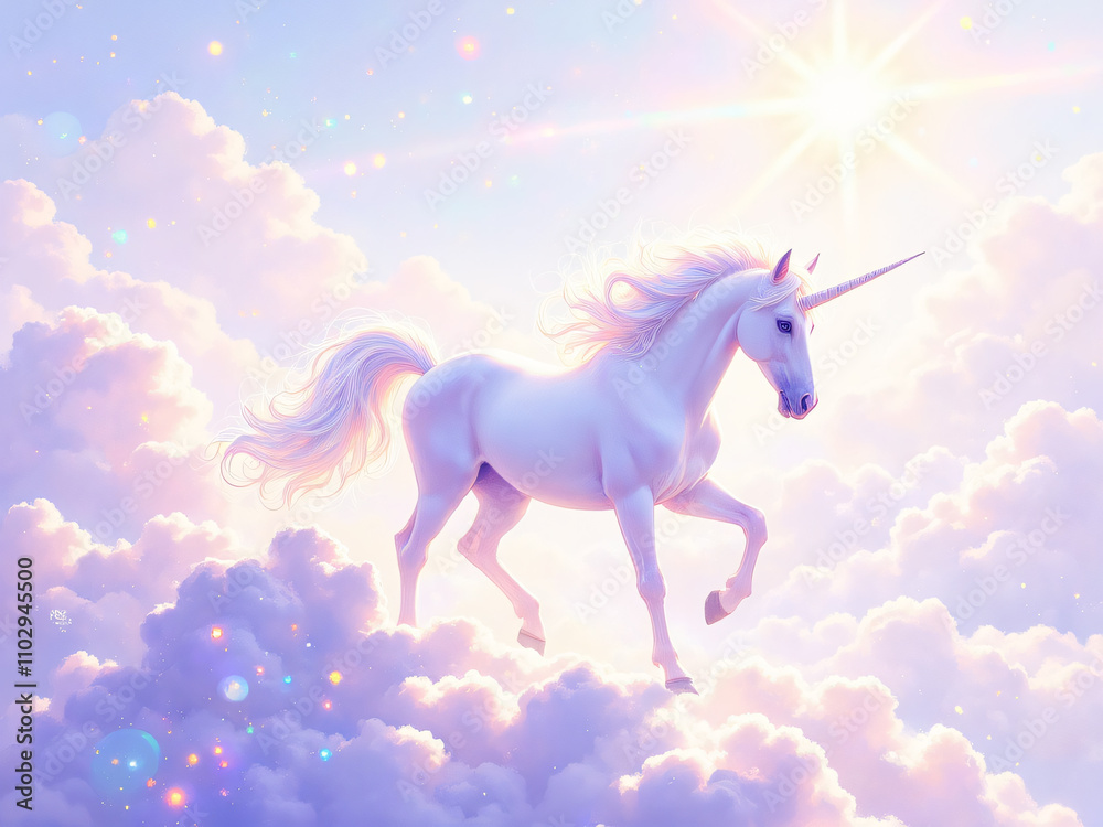 Fototapeta premium A magnificent white unicorn gracefully leaps through fluffy pastel clouds illuminated by soft rays of sunlight, creating a magical and ethereal atmosphere for illustration.