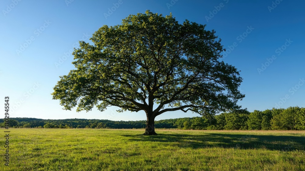Large green tree standing alone in a sunny field against a clear blue sky. Large green tree standing alone in a sunny field against a clear blue sky.