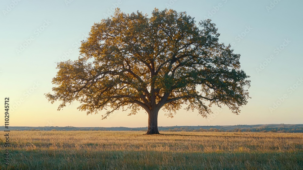 Lone tree in a field during golden hour, tranquil natural landscape.
