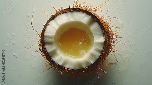 Overhead close-up of a halved coconut showcasing its creamy white flesh and refreshing coconut water. The husk's fibers are visible, adding a natural texture to the image.
