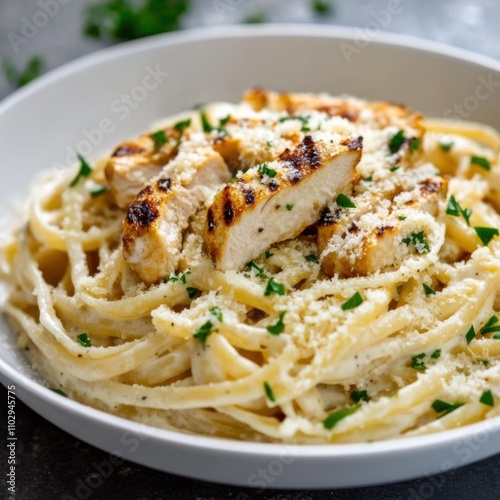 A rich and creamy Alfredo pasta with grilled chicken and a sprinkle of Parmesan cheese, served in a white bowl, Pasta centered