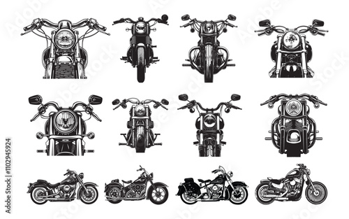 Set of hand drawn vintage motorcycle illustration. Vector graphic asset for streetwear design. Retro futuristic element in Y2K for apparel, clothing and poster design