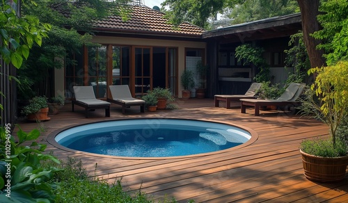 AI generator image of houses, resorts, pool villas, vacation homes with small swimming pools, children's pools