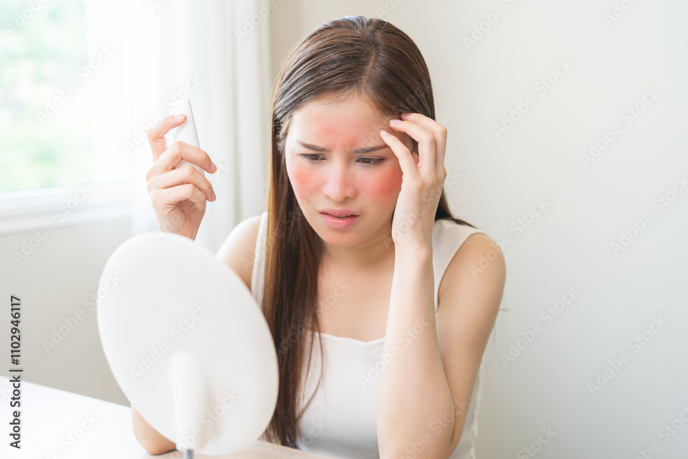Dermatology, asian young woman looking at mirror, holding cream tube in hand, expression worry and itch, itchy allergy or allergic sensitive reaction, red or rash on face. Beauty care of skin problem Dermatology, asian young woman looking at mirror, holding cream tube in hand, expression worry and itch, itchy allergy or allergic sensitive reaction, red or rash on face. Beauty care of skin problem