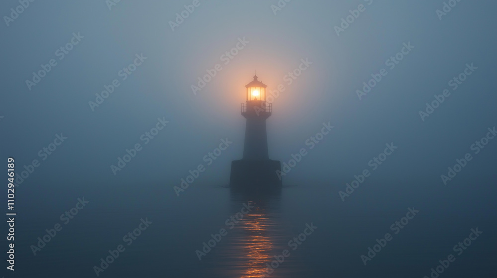 Lighthouse in dense fog, its beam piercing through the mist - Mysterious and atmospheric, soft foggy light Lighthouse in dense fog, its beam piercing through the mist - Mysterious and atmospheric, soft foggy light