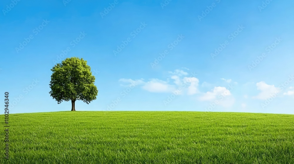 Fototapeta premium Lone tree on a green hill under a clear blue sky, peaceful nature scene.