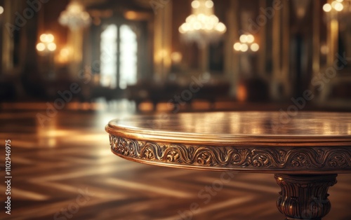 Ground level angle view close up, surface of ornate brass table, with a vintage ballroom background, blurred chandeliers and polished wood floors, copy space, ad promo template, retro elegance style photo