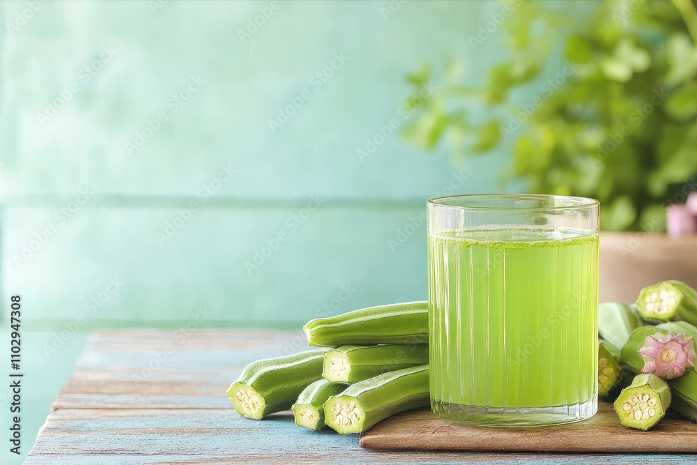 Fresh okra juice in glass with whole okra on rustic wooden table Fresh okra juice in glass with whole okra on rustic wooden table