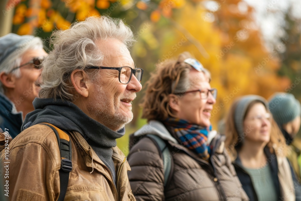 Senior man with group of friends in the autumn park. Group of people walking together. Senior man with group of friends in the autumn park. Group of people walking together.