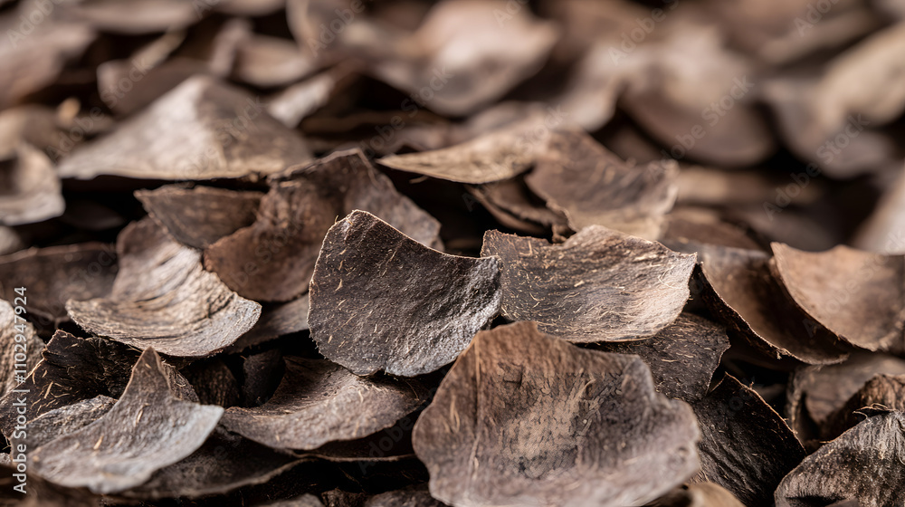 Close-up shot of a pile of dark brown, textured coconut shell pieces. The fragments are irregularly shaped and show natural variations in color and texture. Close-up shot of a pile of dark brown, textured coconut shell pieces. The fragments are irregularly shaped and show natural variations in color and texture.