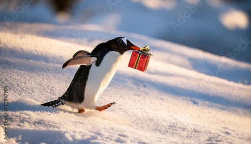 A Penguin Carrying a Christmas Gift in the Snow photo