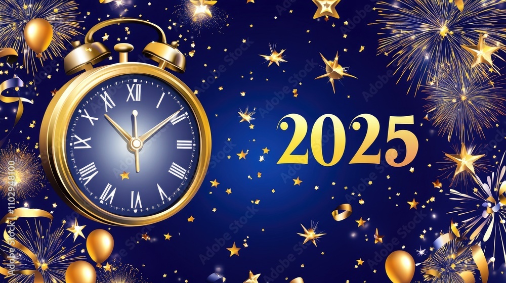 Naklejka premium Golden Clock Fireworks Balloons Celebrate New Year Two Thousand Twenty Five