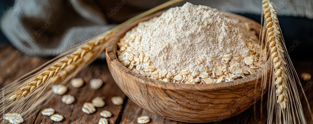 Obraz premium Bowl of flour with oats and wheat, rustic wooden table backdrop.