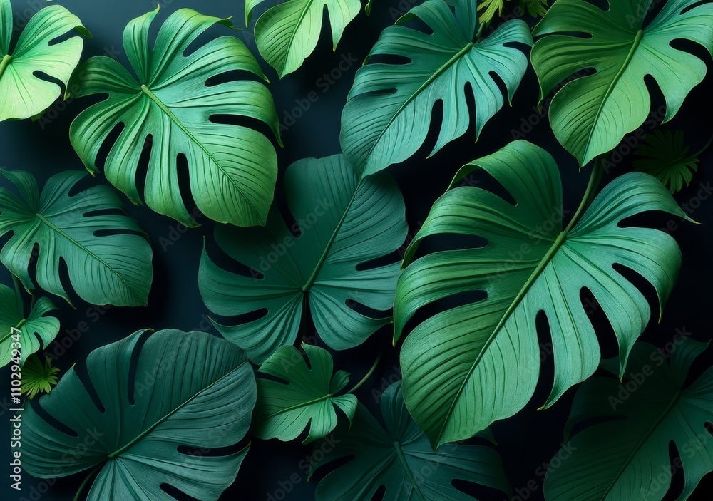 Fototapeta premium Lush green leaves of tropical plants create a vibrant, natural background