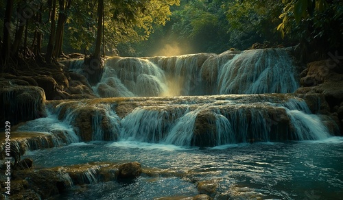 AI generator images of a clear waterfall in the middle of the forest Abundant nature