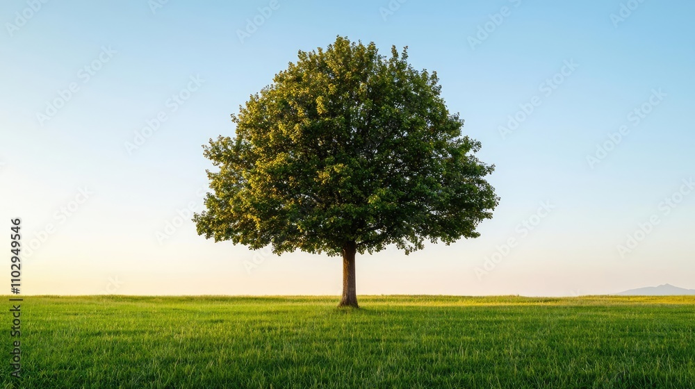 Solitary tree on a lush green field with a clear blue sky in the background.
