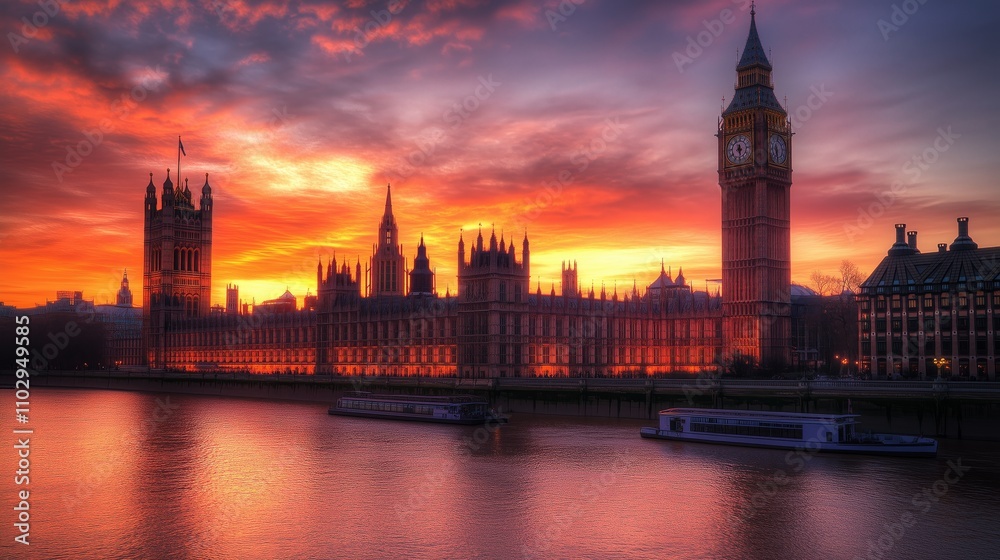 A stunning sunset over London highlights Big Ben, the River Thames, and Westminster Palace's Gothic beauty. A stunning sunset over London highlights Big Ben, the River Thames, and Westminster Palace's Gothic beauty.