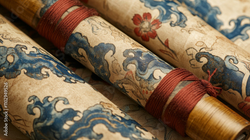 Old Chinese scrolls, like paper rolls, had wooden handles.  They were decorated with blue waves, red ribbons, and gold.  Some were open, some sealed. photo