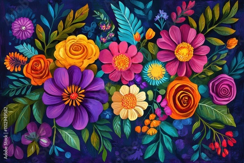 Hispanic heritage month art showcasing vibrant flowers and greenery against a dark backdrop